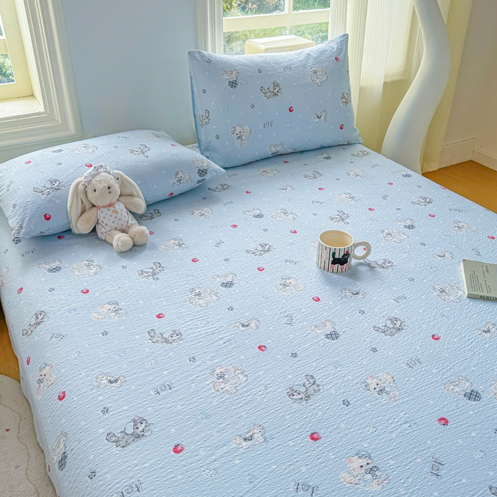 91家纺网 家纺一手货源 找家纺 梵朴 2026新款A类泡芙纱云感邹邹纱双层纱单床单 猫咪蓝