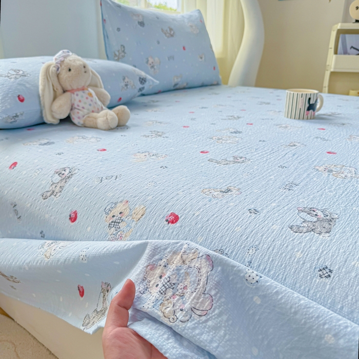 91家纺网 家纺一手货源 找家纺 梵朴 2026新款A类泡芙纱云感邹邹纱双层纱单床单 猫咪蓝