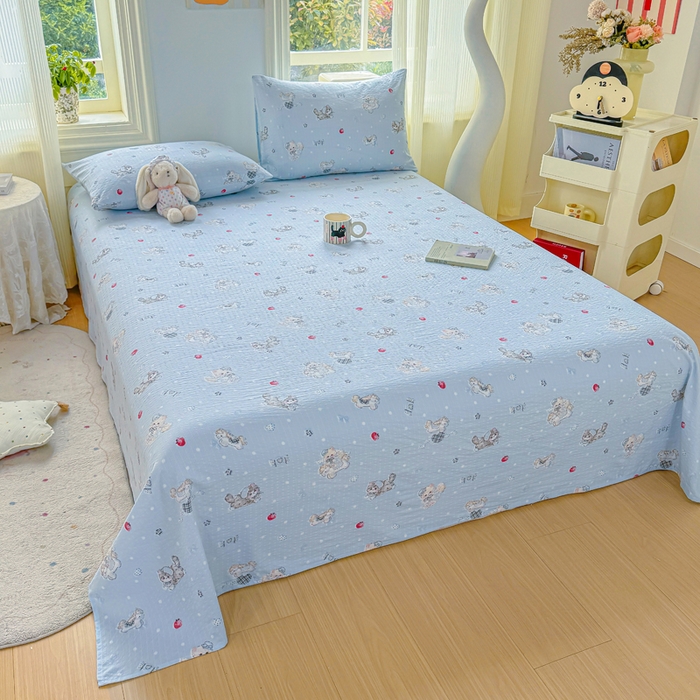 91家纺网 家纺一手货源 找家纺 梵朴 2026新款A类泡芙纱云感邹邹纱双层纱单床单 猫咪蓝