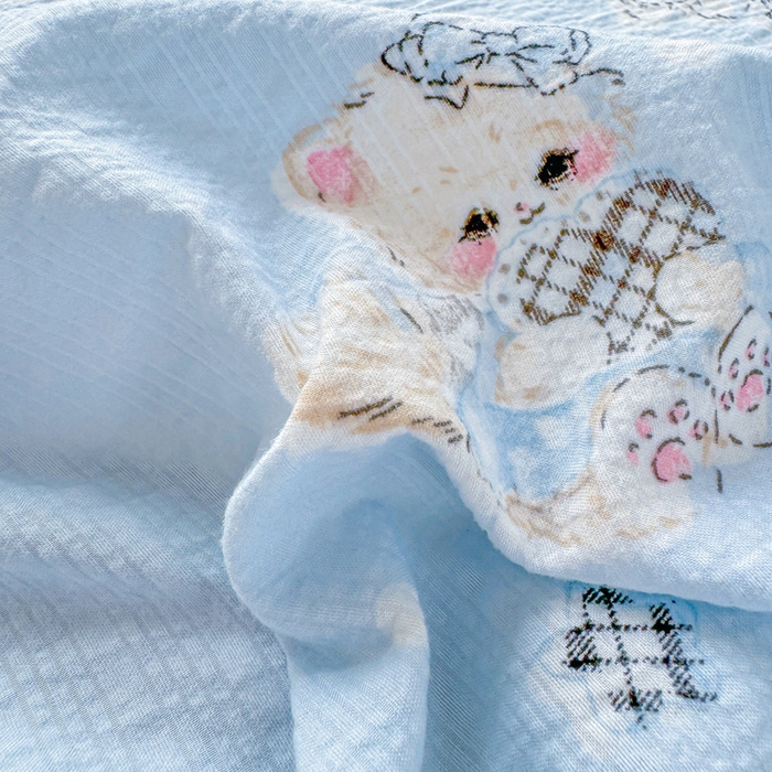 91家纺网 家纺一手货源 找家纺 梵朴 2026新款A类泡芙纱云感邹邹纱双层纱单床单 猫咪蓝