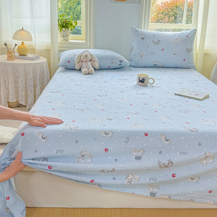 91家纺网 家纺一手货源 找家纺 梵朴 2026新款A类泡芙纱云感邹邹纱双层纱单床单 猫咪蓝