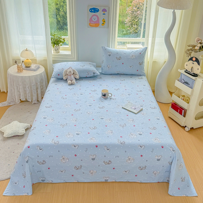 91家纺网 家纺一手货源 找家纺 梵朴 2026新款A类泡芙纱云感邹邹纱双层纱单床单 猫咪蓝