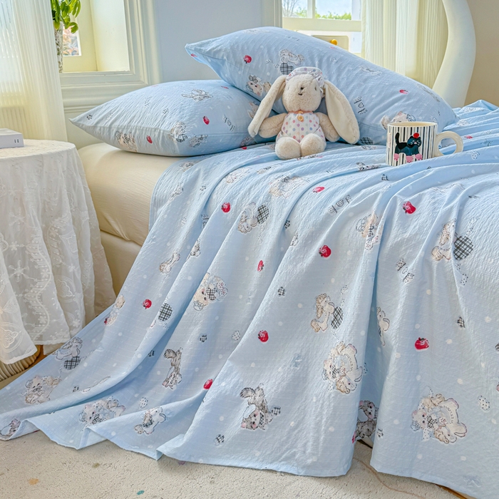 91家纺网 家纺一手货源 找家纺 梵朴 2026新款A类泡芙纱云感邹邹纱双层纱单床单 猫咪蓝