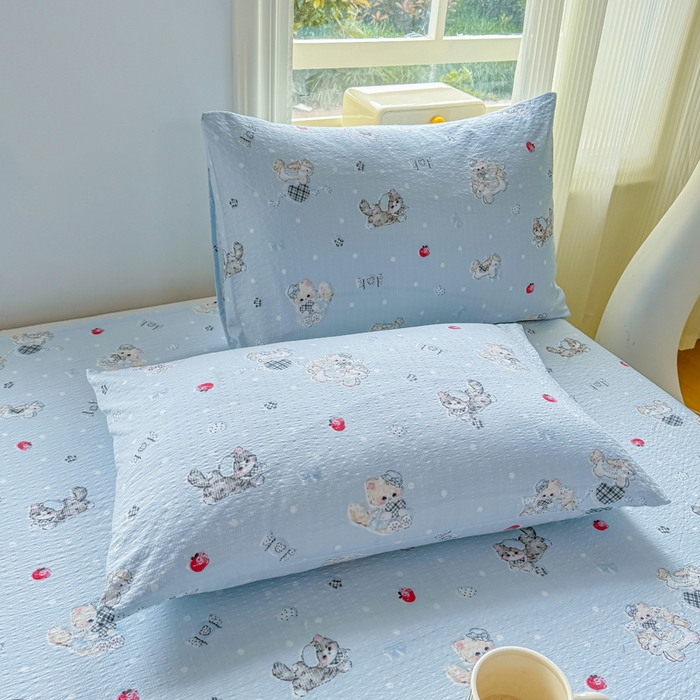 91家纺网 家纺一手货源 找家纺 梵朴 2026新款A类泡芙纱云感邹邹纱双层纱单床单 猫咪蓝