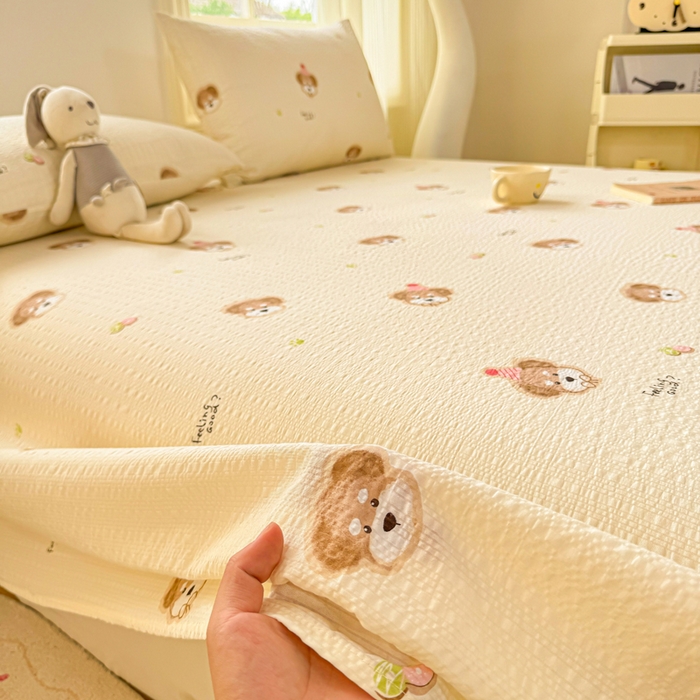 91家纺网 家纺一手货源 找家纺 梵朴 2026新款A类泡芙纱云感邹邹纱双层纱单床单 萌宠