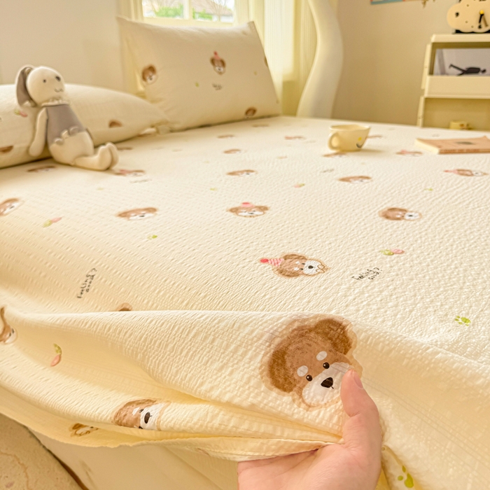 91家纺网 家纺一手货源 找家纺 梵朴 2026新款A类泡芙纱云感邹邹纱双层纱单床单 萌宠