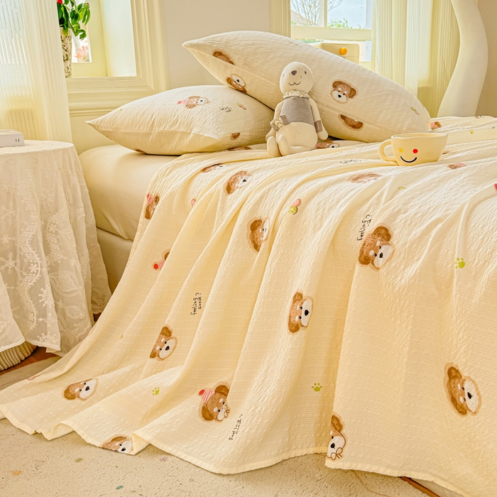 91家纺网 家纺一手货源 找家纺 梵朴 2026新款A类泡芙纱云感邹邹纱双层纱单床单 萌宠