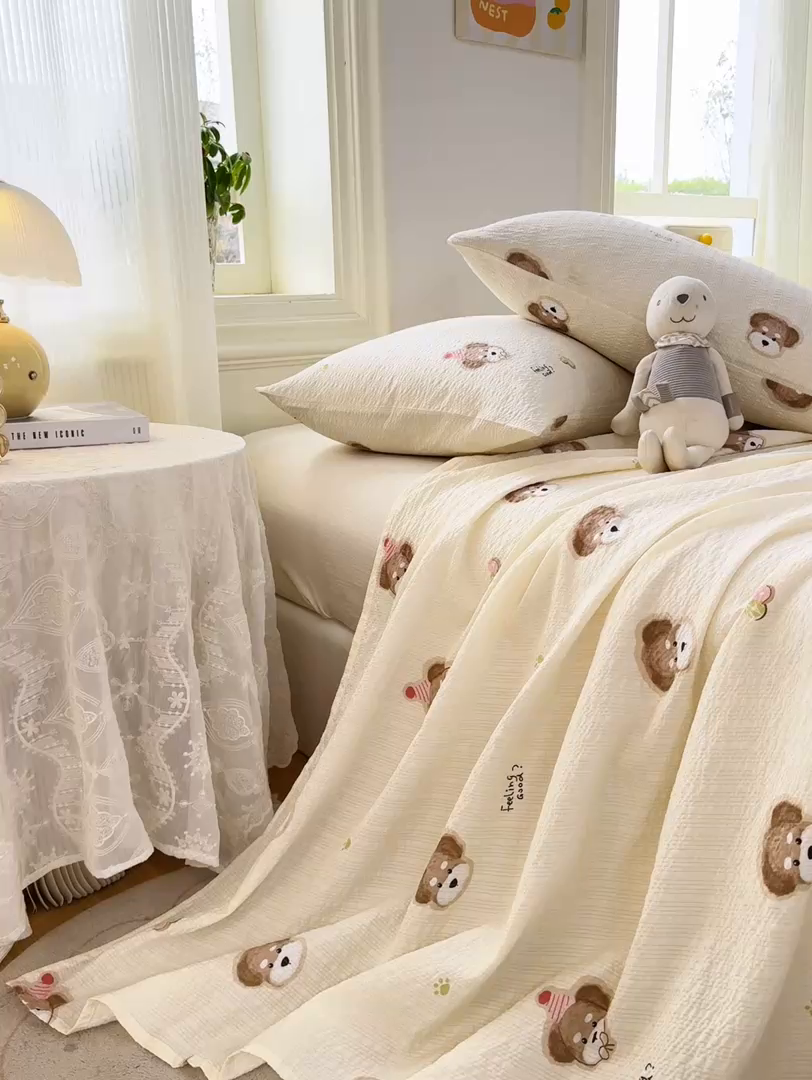 91家纺网 家纺一手货源 找家纺 梵朴 2026新款A类泡芙纱云感邹邹纱双层纱单床单 萌宠