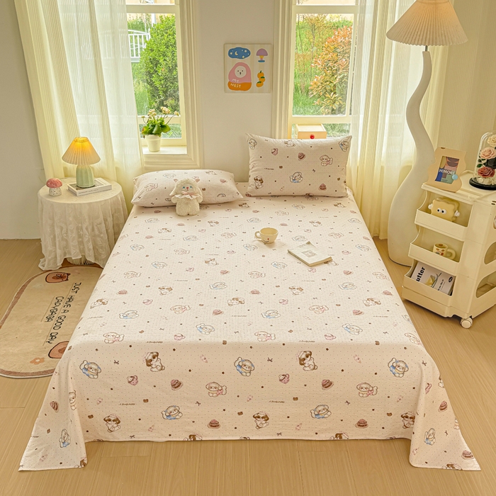 91家纺网 家纺一手货源 找家纺 梵朴 2026新款A类泡芙纱云感邹邹纱双层纱单床单 甜品萌狗