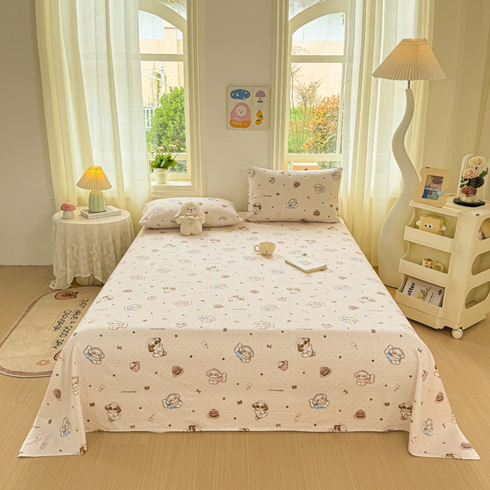 91家纺网 家纺一手货源 找家纺 梵朴 2026新款A类泡芙纱云感邹邹纱双层纱单床单 甜品萌狗