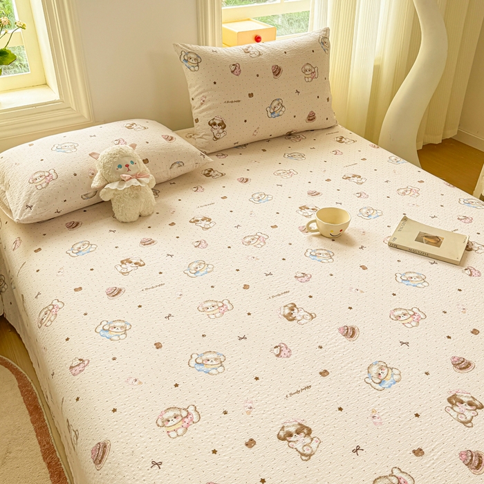 91家纺网 家纺一手货源 找家纺 梵朴 2026新款A类泡芙纱云感邹邹纱双层纱单床单 甜品萌狗