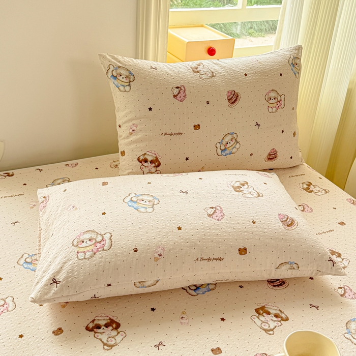 91家纺网 家纺一手货源 找家纺 梵朴 2026新款A类泡芙纱云感邹邹纱双层纱单床单 甜品萌狗