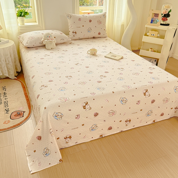 91家纺网 家纺一手货源 找家纺 梵朴 2026新款A类泡芙纱云感邹邹纱双层纱单床单 甜品萌狗