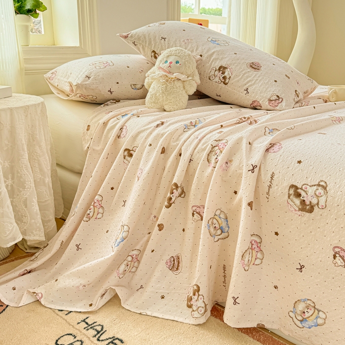 91家纺网 家纺一手货源 找家纺 梵朴 2026新款A类泡芙纱云感邹邹纱双层纱单床单 甜品萌狗