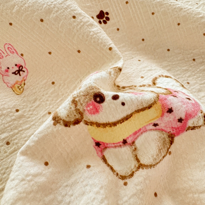 91家纺网 家纺一手货源 找家纺 梵朴 2026新款A类泡芙纱云感邹邹纱双层纱单床单 甜品萌狗