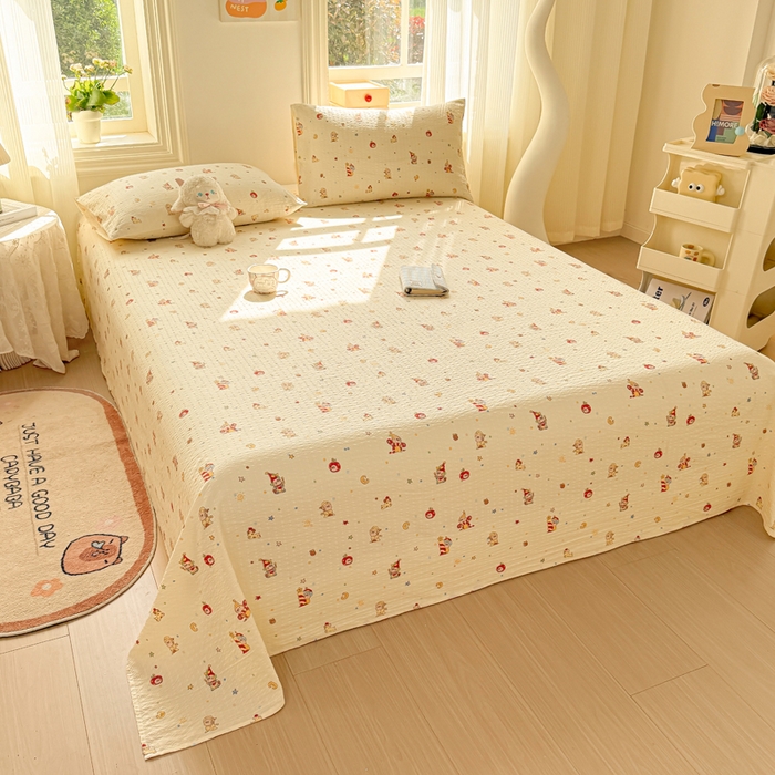 91家纺网 家纺一手货源 找家纺 梵朴 2026新款A类泡芙纱云感邹邹纱双层纱单床单 星星玩偶黄