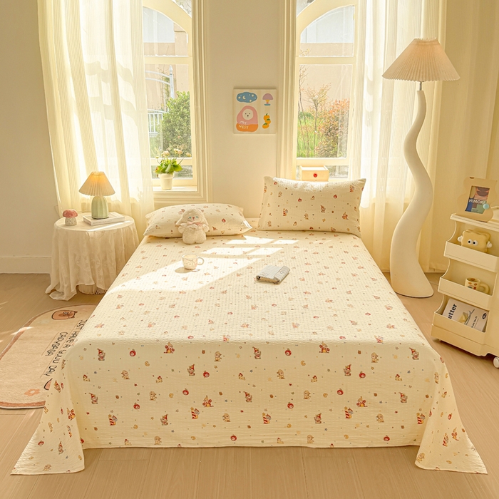 91家纺网 家纺一手货源 找家纺 梵朴 2026新款A类泡芙纱云感邹邹纱双层纱单床单 星星玩偶黄