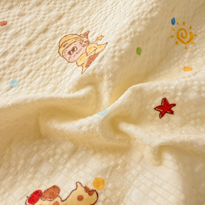 91家纺网 家纺一手货源 找家纺 梵朴 2026新款A类泡芙纱云感邹邹纱双层纱单床单 星星玩偶黄