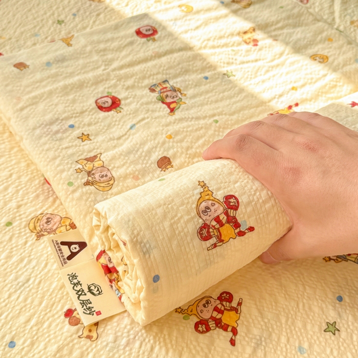 91家纺网 家纺一手货源 找家纺 梵朴 2026新款A类泡芙纱云感邹邹纱双层纱单床单 星星玩偶黄