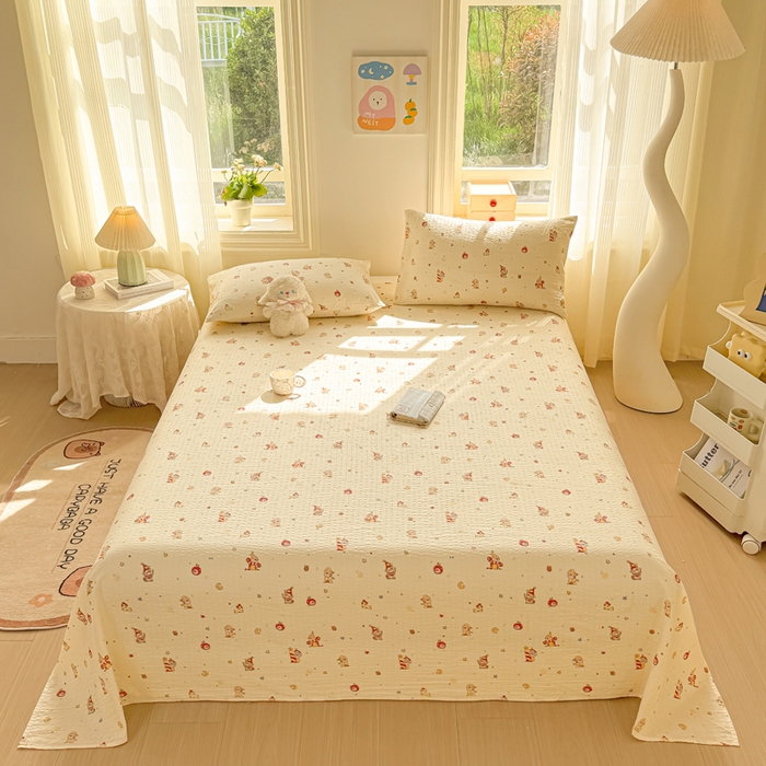 91家纺网 家纺一手货源 找家纺 梵朴 2026新款A类泡芙纱云感邹邹纱双层纱单床单 星星玩偶黄