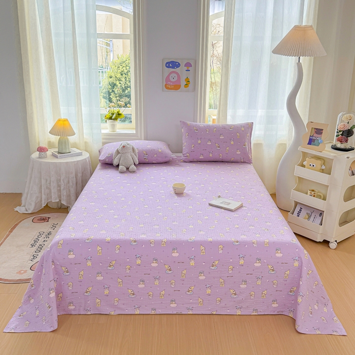 91家纺网 家纺一手货源 找家纺 梵朴 2026新款A类泡芙纱云感邹邹纱双层纱单床单 星星玩偶紫