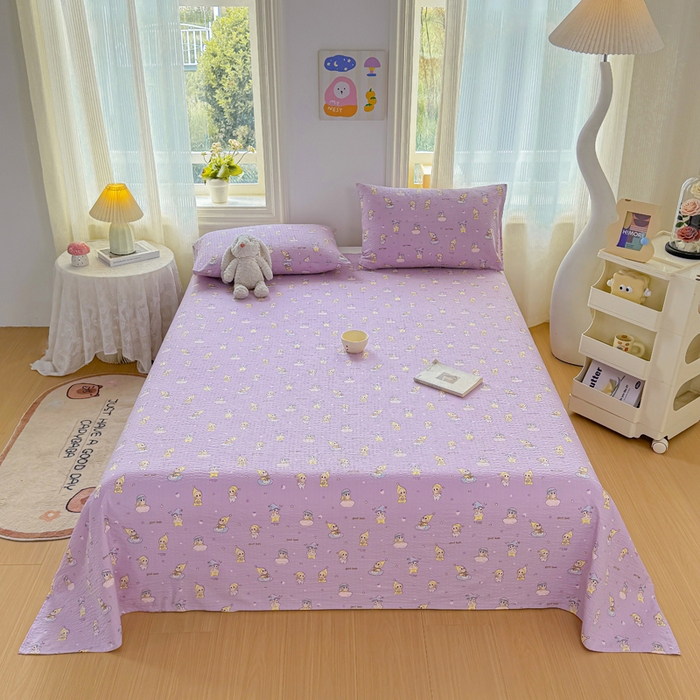 91家纺网 家纺一手货源 找家纺 梵朴 2026新款A类泡芙纱云感邹邹纱双层纱单床单 星星玩偶紫