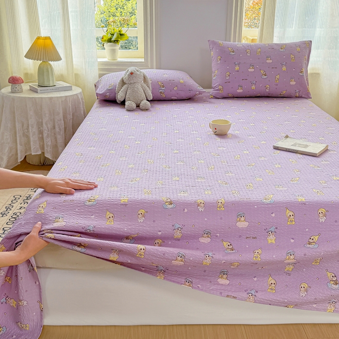 91家纺网 家纺一手货源 找家纺 梵朴 2026新款A类泡芙纱云感邹邹纱双层纱单床单 星星玩偶紫