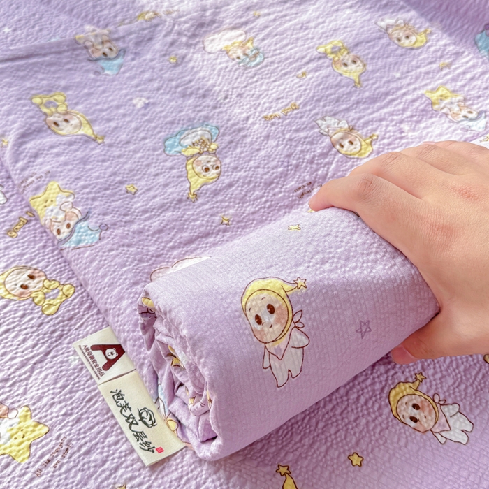 91家纺网 家纺一手货源 找家纺 梵朴 2026新款A类泡芙纱云感邹邹纱双层纱单床单 星星玩偶紫