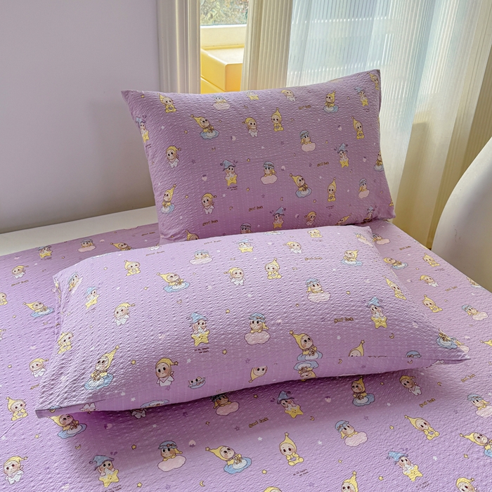 91家纺网 家纺一手货源 找家纺 梵朴 2026新款A类泡芙纱云感邹邹纱双层纱单床单 星星玩偶紫