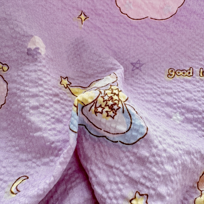 91家纺网 家纺一手货源 找家纺 梵朴 2026新款A类泡芙纱云感邹邹纱双层纱单床单 星星玩偶紫