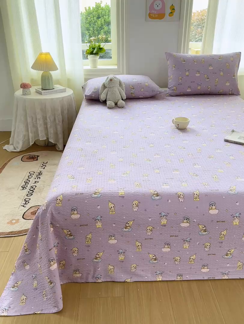 91家纺网 家纺一手货源 找家纺 梵朴 2026新款A类泡芙纱云感邹邹纱双层纱单床单 星星玩偶紫