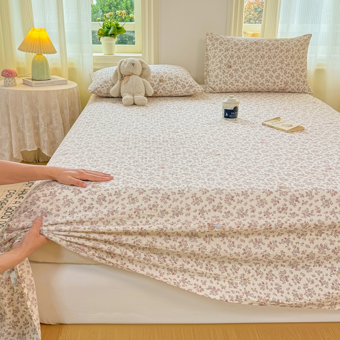 91家纺网 家纺一手货源 找家纺 梵朴 2026新款A类泡芙纱云感邹邹纱双层纱单床单 紫花兔