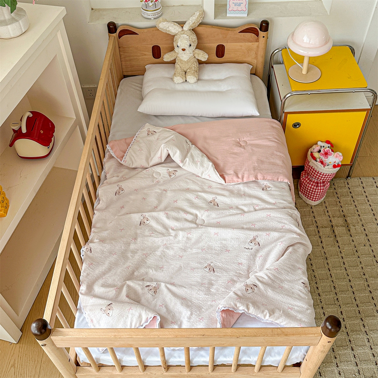 91家纺网 家纺一手货源 找家纺 名兮家居 2026新款儿童A类皱皱纱夏被夏凉被空调被 粉色小兔