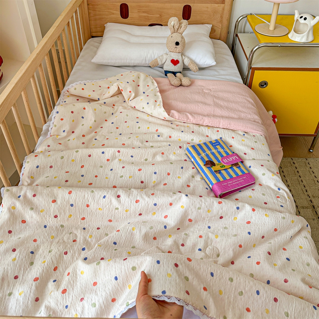 91家纺网 家纺一手货源 找家纺 名兮家居 2026新款儿童A类皱皱纱夏被夏凉被空调被 心动波点