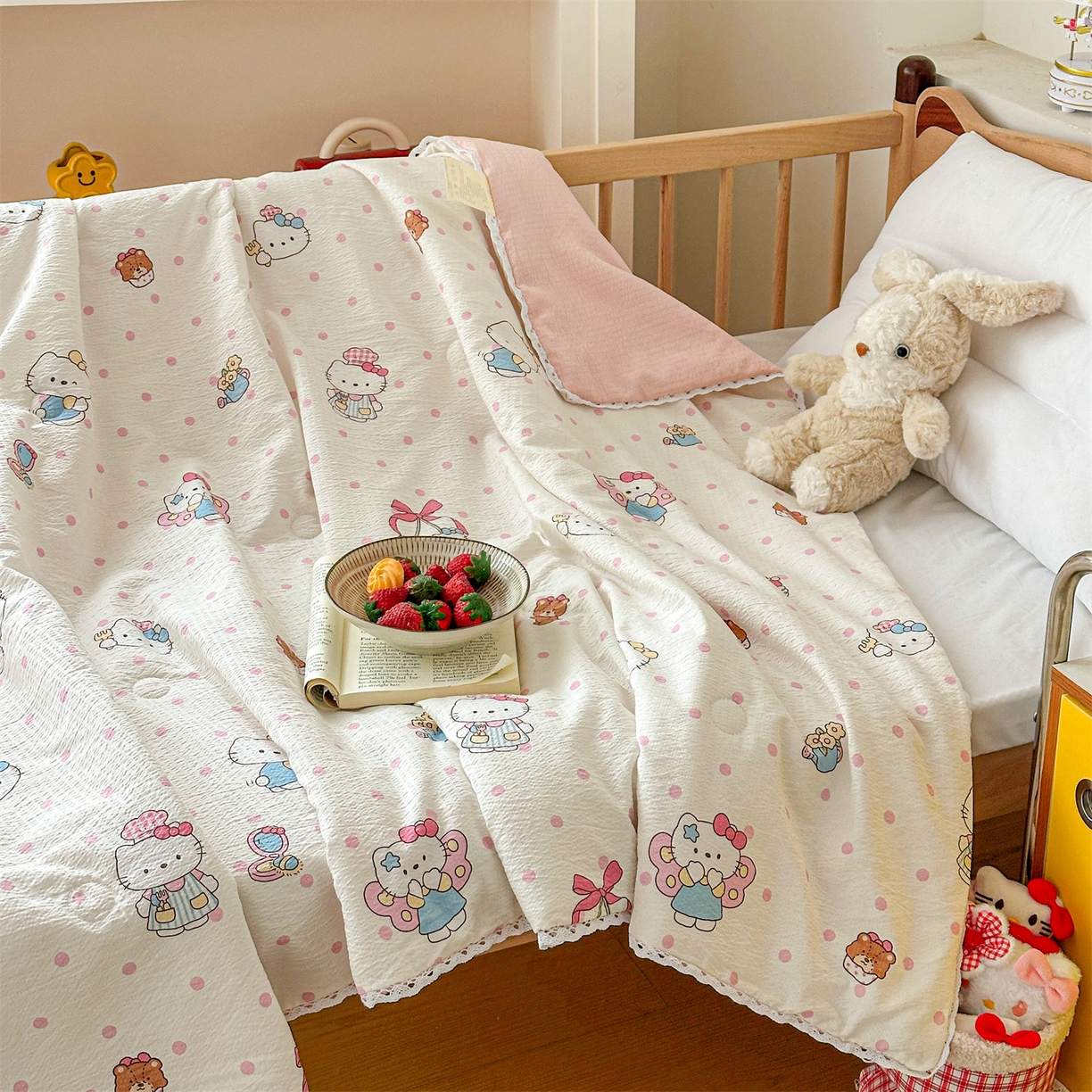 91家纺网 家纺一手货源 找家纺 名兮家居 2026新款儿童A类皱皱纱夏被夏凉被空调被 天使猫咪