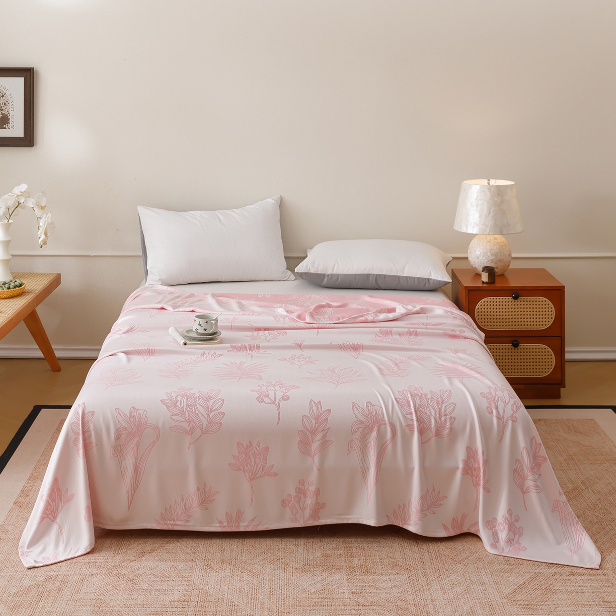 91家纺网 家纺一手货源 找家纺 悦然毛巾被 2026新款竹纤维冷感毯单层毛巾被夏被空调被斜纹提花叶子卡通 竹间花粉