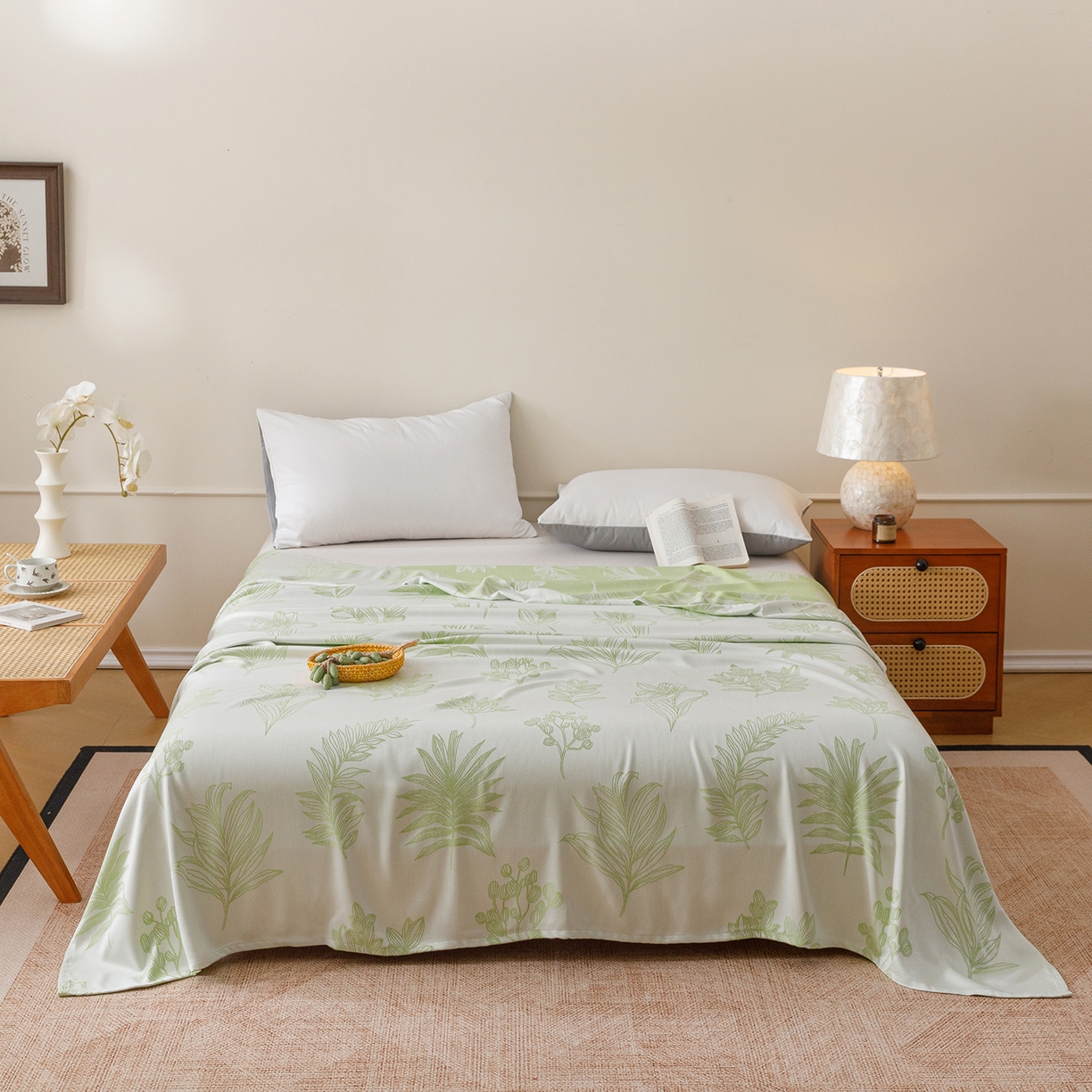 91家纺网 家纺一手货源 找家纺 悦然毛巾被 2026新款竹纤维冷感毯单层毛巾被夏被空调被斜纹提花叶子卡通 竹间花绿