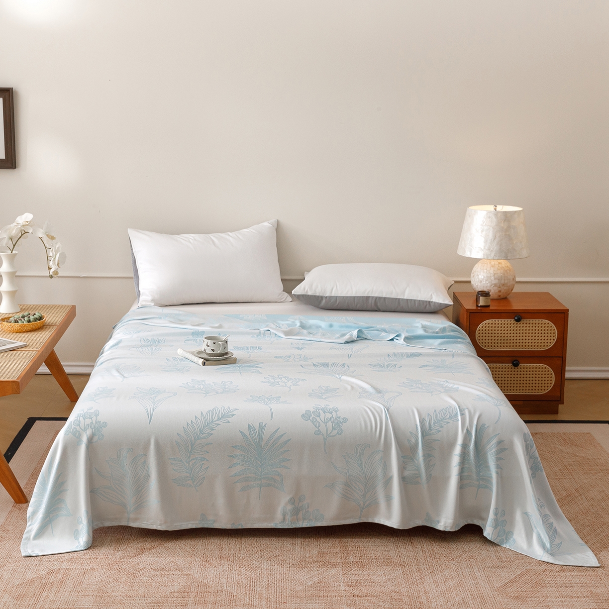 91家纺网 家纺一手货源 找家纺 悦然毛巾被 2026新款竹纤维冷感毯单层毛巾被夏被空调被斜纹提花叶子卡通 竹间花蓝