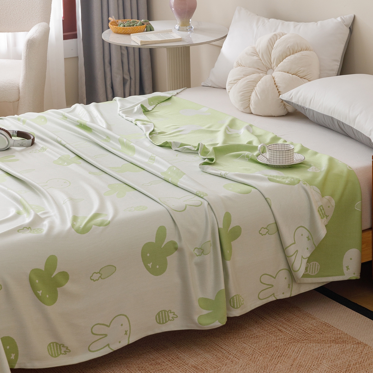 悦然毛巾被 2026新款竹纤维冷感毯单层毛巾被夏被空调被斜纹提花叶子卡通 甜心兔绿