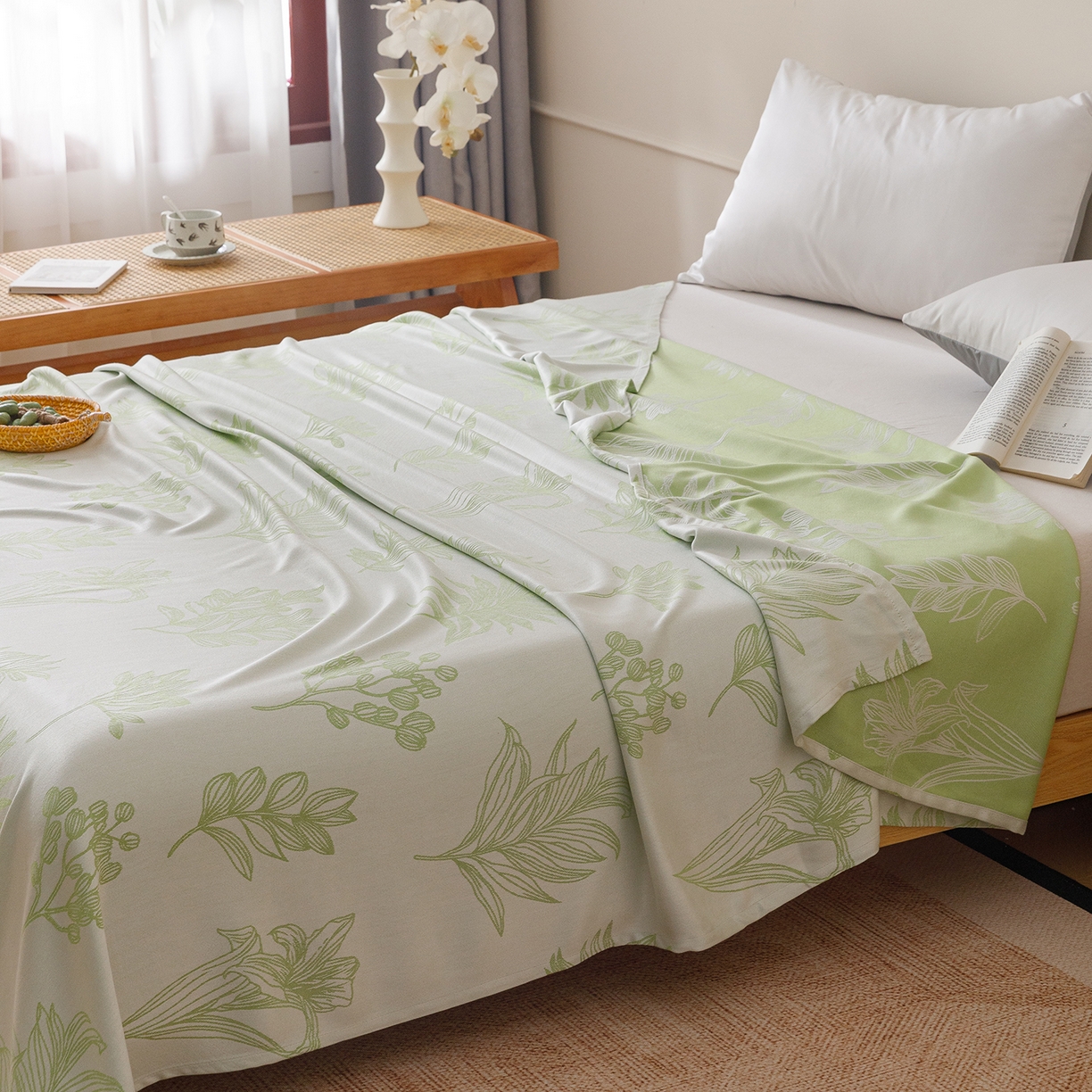 悦然毛巾被 2026新款竹纤维冷感毯单层毛巾被夏被空调被斜纹提花叶子卡通 竹间花绿