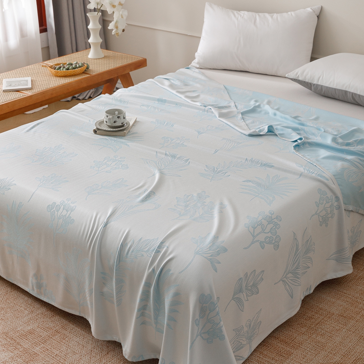 91家纺网 家纺一手货源 找家纺 悦然毛巾被 2026新款竹纤维冷感毯单层毛巾被夏被空调被斜纹提花叶子卡通 竹间花蓝