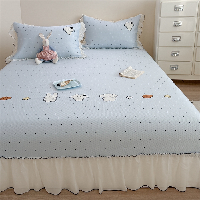 91家纺网 家纺一手货源 找家纺 暖生活 2026新款3DMAX超凉感原创PE冰丝软席子凉席-床裙款 奶蓝星兔