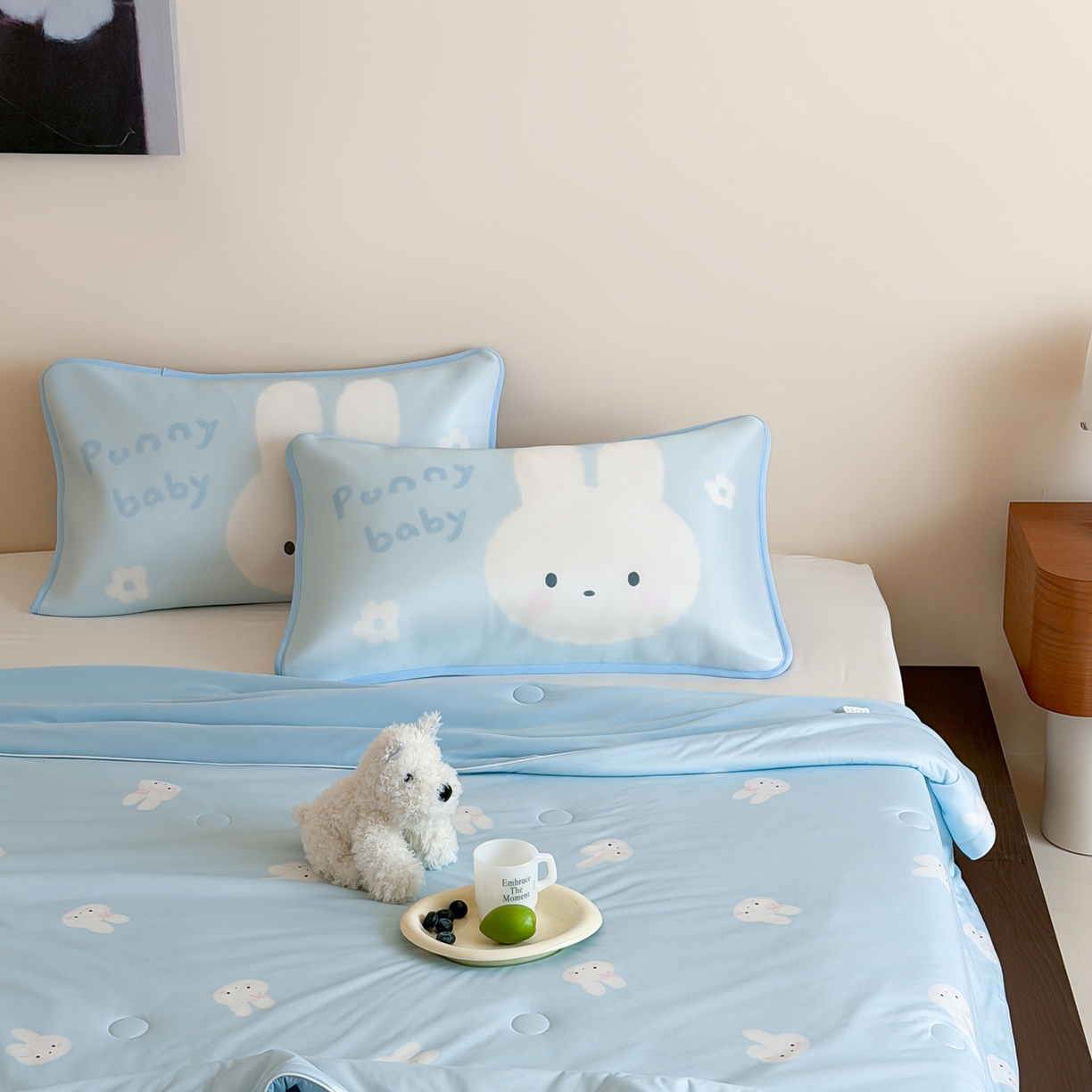 91家纺网 家纺一手货源 找家纺 桃喜 2026新款A类绵绵冰双感夏被夏凉被空调被（一面针织棉一面凉感 夏被海盐蓝小兔