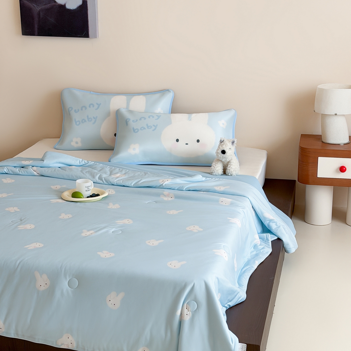 91家纺网 家纺一手货源 找家纺 桃喜 2026新款A类绵绵冰双感夏被夏凉被空调被（一面针织棉一面凉感 夏被海盐蓝小兔