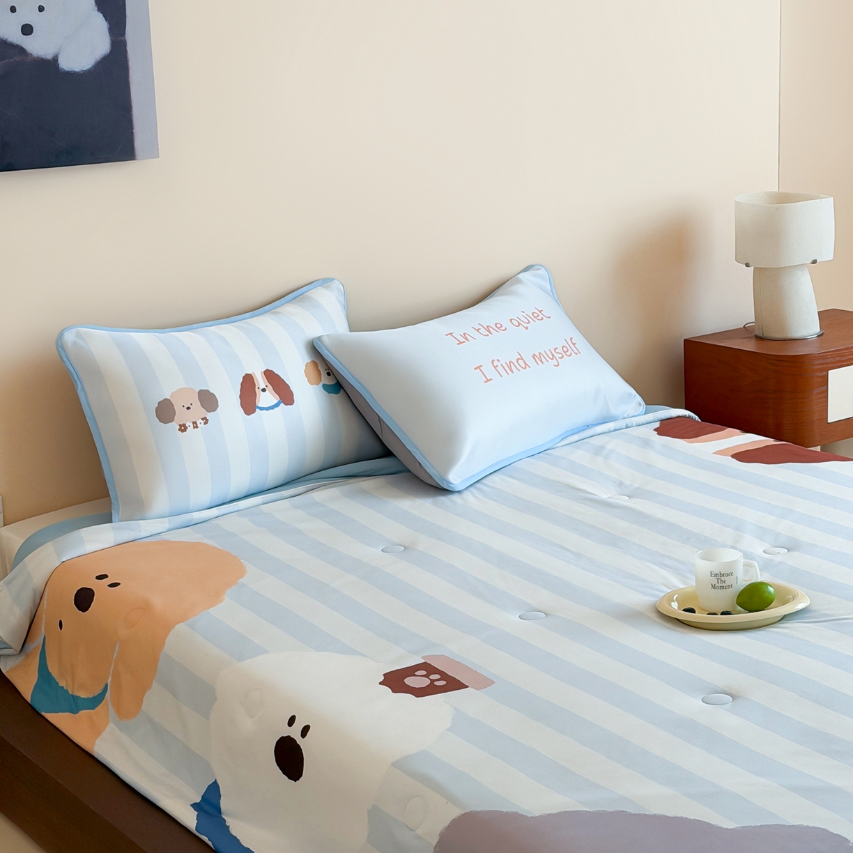 91家纺网 家纺一手货源 找家纺 桃喜 2026新款A类绵绵冰双感夏被夏凉被空调被（一面针织棉一面凉感 夏被蓝条软萌小狗