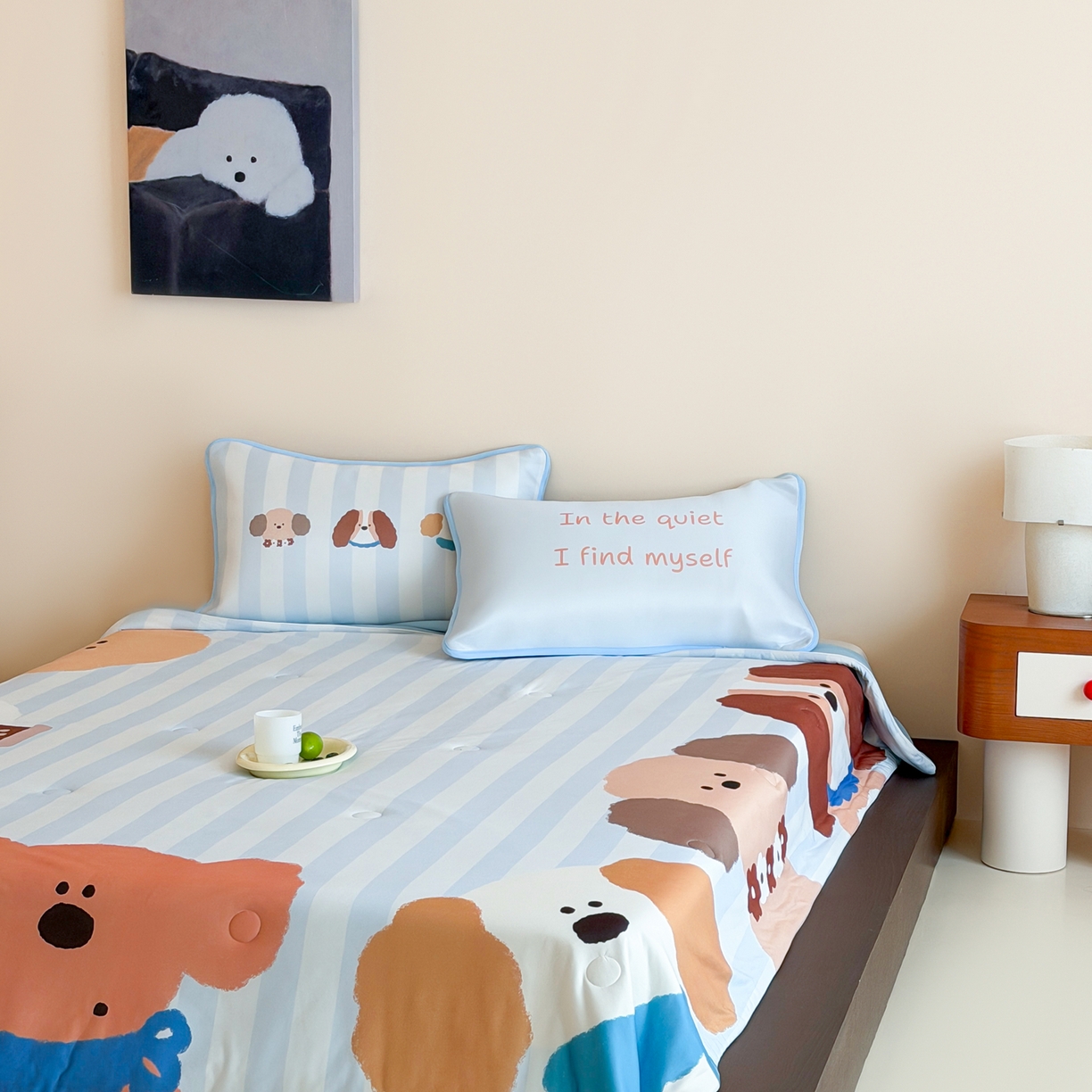 91家纺网 家纺一手货源 找家纺 桃喜 2026新款A类绵绵冰双感夏被夏凉被空调被（一面针织棉一面凉感 夏被蓝条软萌小狗