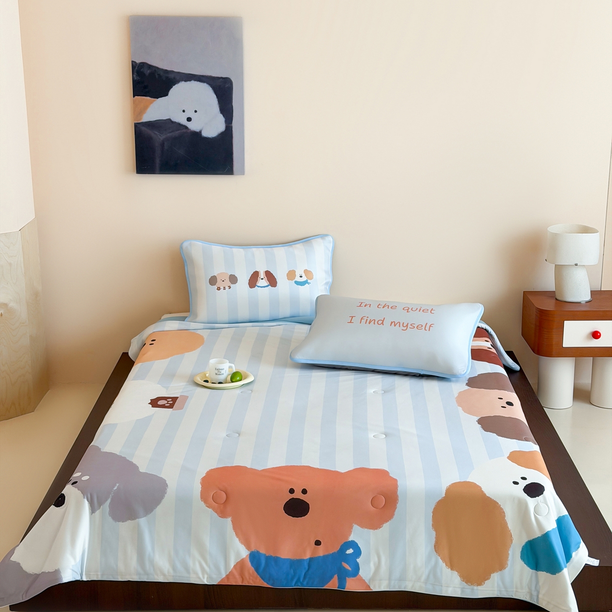 91家纺网 家纺一手货源 找家纺 桃喜 2026新款A类绵绵冰双感夏被夏凉被空调被（一面针织棉一面凉感 夏被蓝条软萌小狗