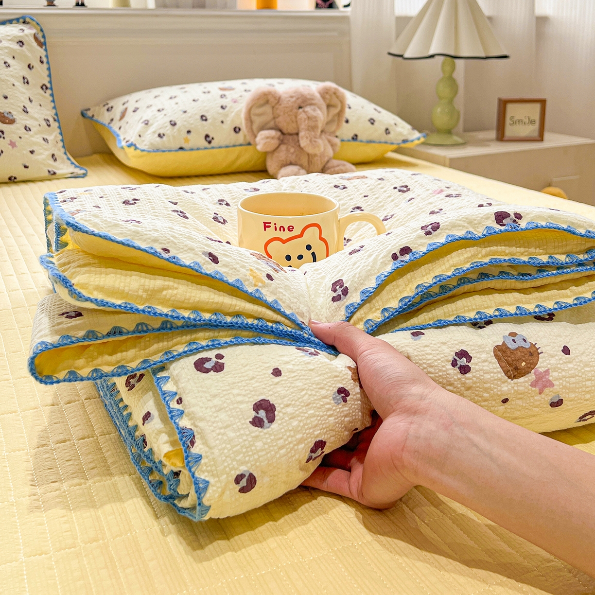 91家纺网 家纺一手货源 找家纺 （总）富米莱（原臻工厂） 2026新款泡芙纱贝壳边夏被夏凉被空调被床盖床裙四件套-欧包系列