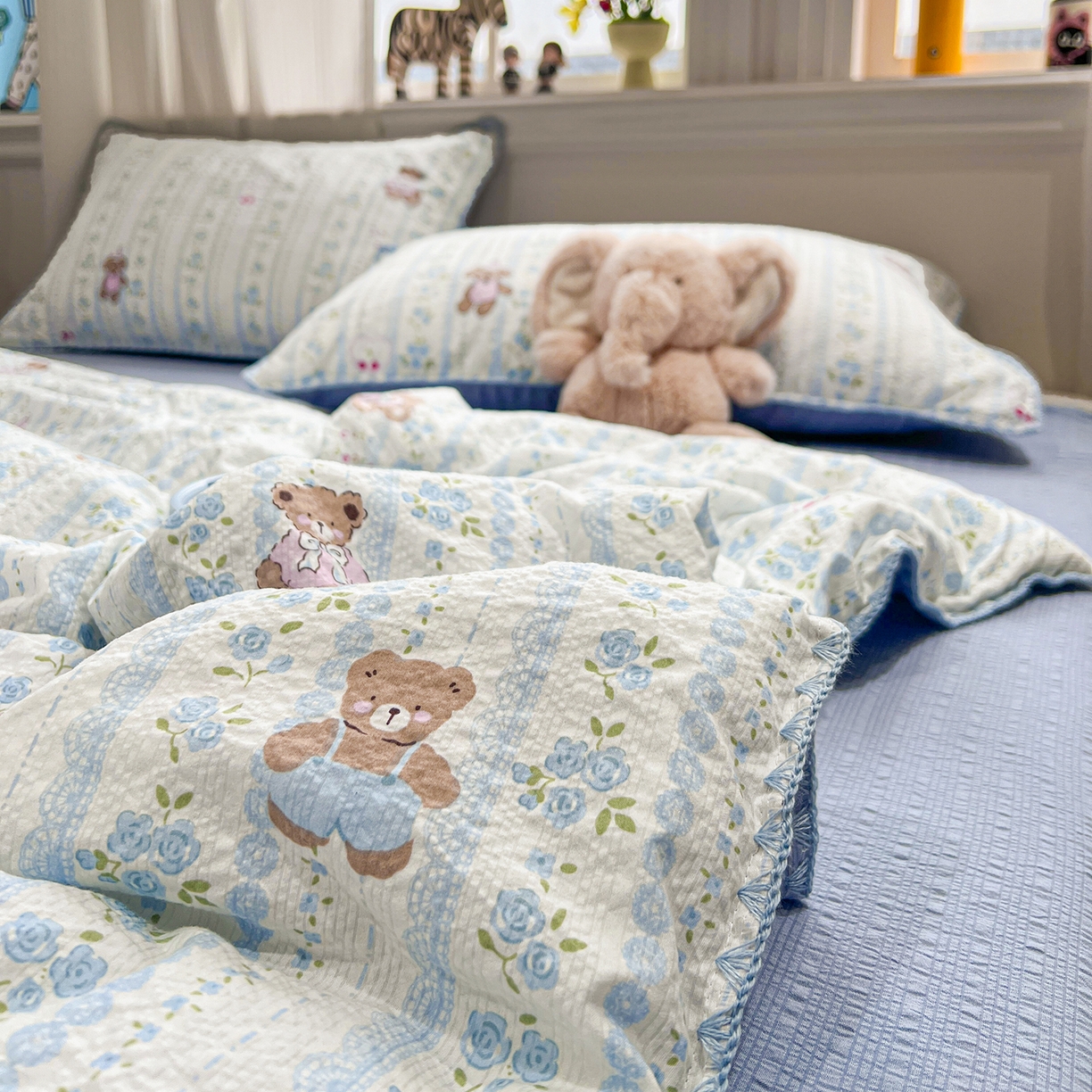 91家纺网 家纺一手货源 找家纺 富米莱（原臻工厂） 2026新款泡芙纱贝壳边夏被夏凉被空调被床盖床裙四件套-欧包系列 欧包-纯宅熊