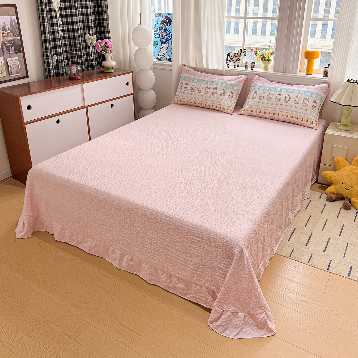 91家纺网 家纺一手货源 找家纺 富米莱（原臻工厂） 2026新款泡芙纱贝壳边夏被夏凉被空调被床盖床裙四件套-欧包系列 欧包-晚安菲菲